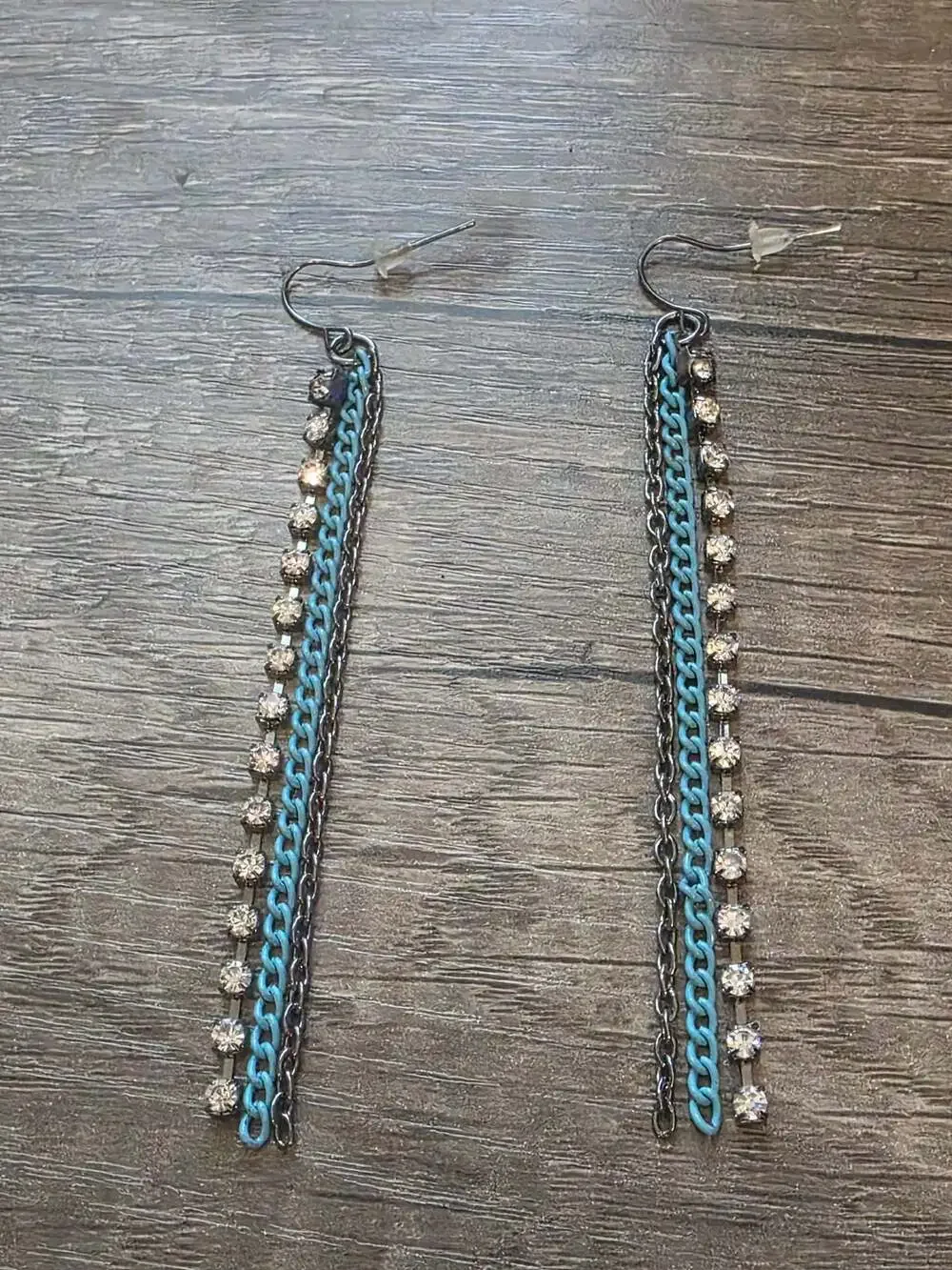 Turquoise Enamel and Rhinestone Multi-Chain Dangle Earrings